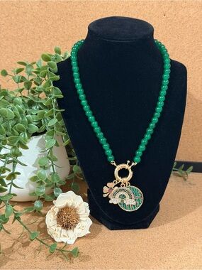 Plunder Green Beaded Necklace with Gold Charm Medallion